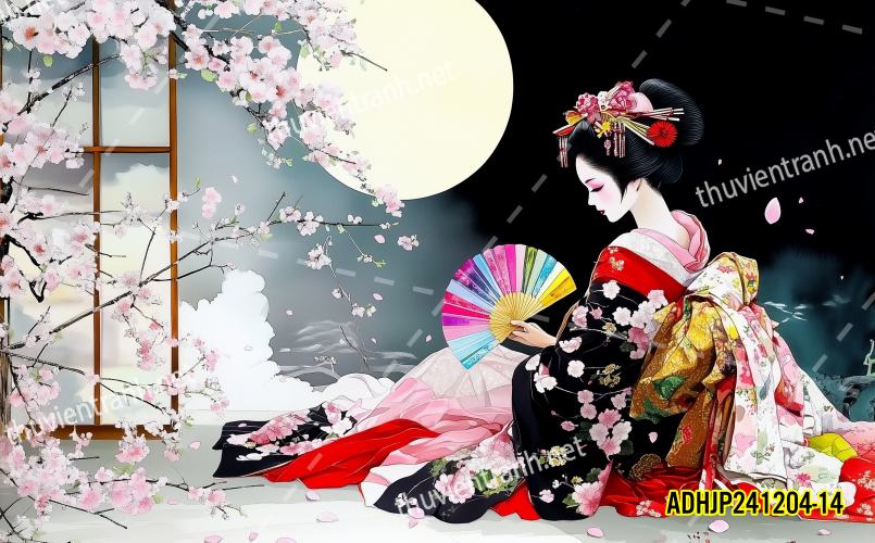Tranh dán tường hoa cô gái Geisha Nhật Bản-ADHJP241204-14 - Tranh tường chất lượng cao